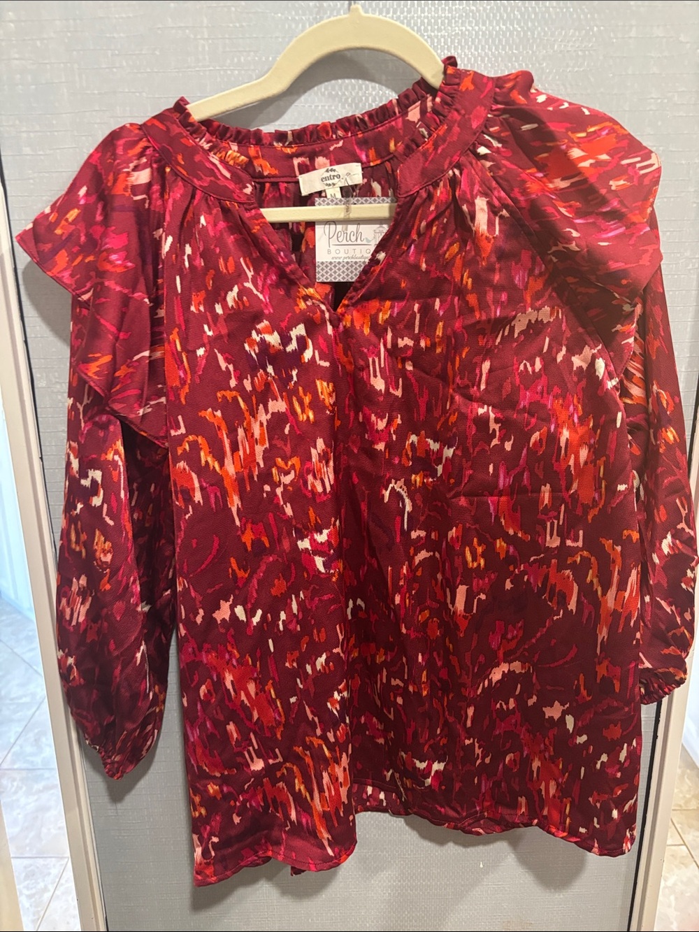 entro Maroon & Pink Abstract Ruffle Shoulder Blouse